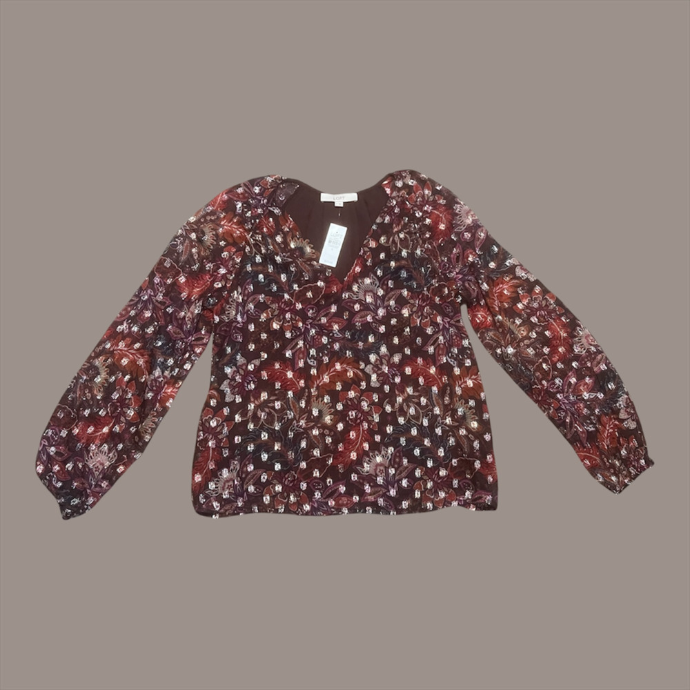 LOFT Floral Metallic Blouse Size S Burgundy